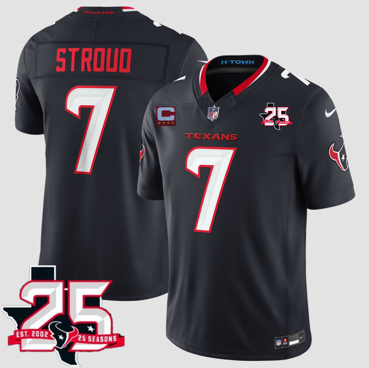 Men's Navy Houston Texans #7 C.J. Stroud 2nd Alternate 2026 With 25th Anniversary Patch And 4-Star C Patch F.U.S.E. Vapor Limited Stitched Football Jersey